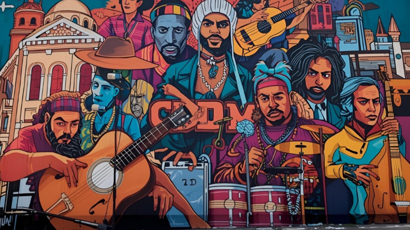Un mural colorido muestra a varios músicos tocando instrumentos, incluyendo guitarras y percusión, con un edificio en el fondo y el texto "Latitudes urbanas" en la parte superior.