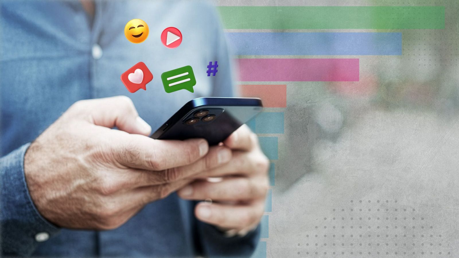 Una persona sujeta un móvil del que salen iconos de aplicaciones, con unas barras detrás que sugieren datos.