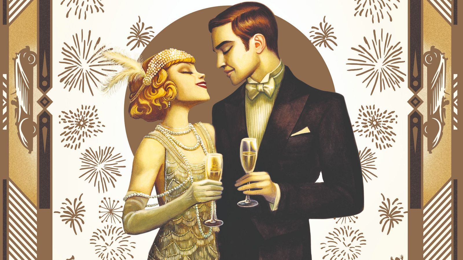 Una pareja vestida con elegancia, ella con un vestido dorado y él con esmoquin, brinda con copas de champán en una ilustración que evoca los años 20, con un fondo de motivos geométricos y fuegos artificiales.