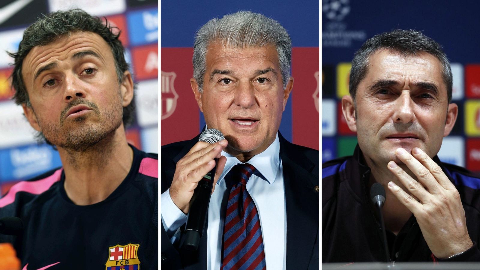 El presidente del Barcelona, Joan Laporta (c), y los exentrenadores del equipo Luis Enrique Martínez (i) y Ernesto Valverde