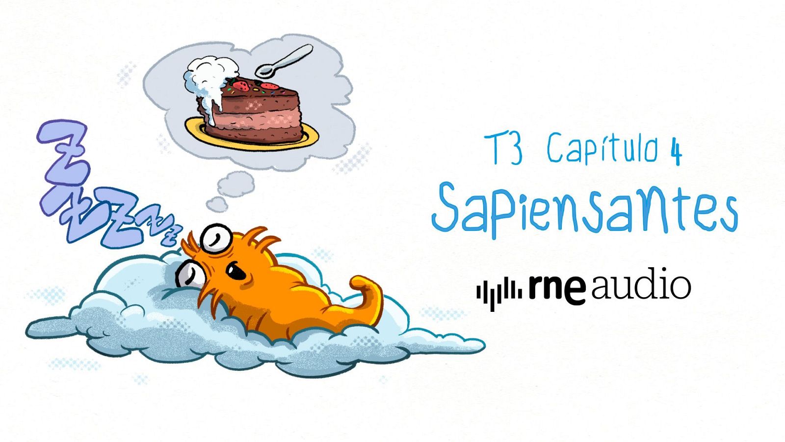 Un monstruo naranja de tres ojos, protagonista de un dibujo animado, duerme plácidamente sobre una nube, con letras que representan el sonido del sueño. Una burbuja sobre él revela un apetitoso pastel de chocolate con fresas.