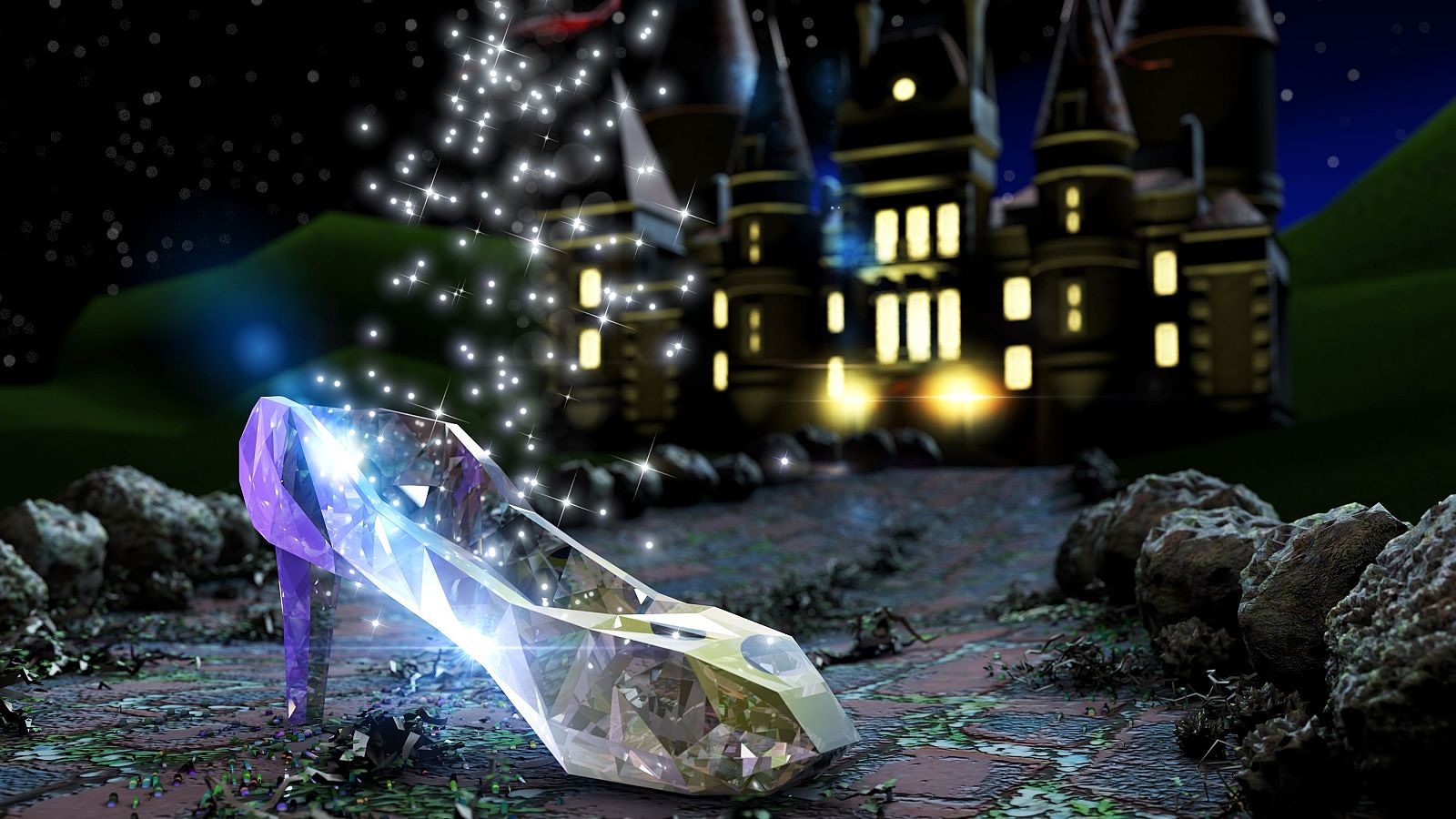 Un elegante zapato de cristal con tacón morado, adornado con detalles brillantes, descansa sobre un sendero de piedra, con un castillo iluminado y un cielo estrellado como telón de fondo.