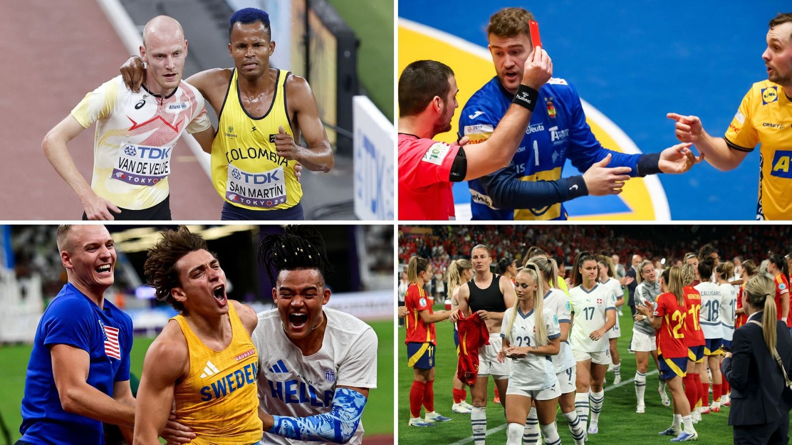 La imagen recopila cuatro momentos deportivos de 2025. Se observan escenas de atletismo con atletas de Bélgica y Colombia, un partido de balonmano con un jugador sueco recibiendo una tarjeta roja, una celebración de atletas representando a Estados Unidos, Suecia y Hell, y un partido de fútbol femenino entre España y Suiza.