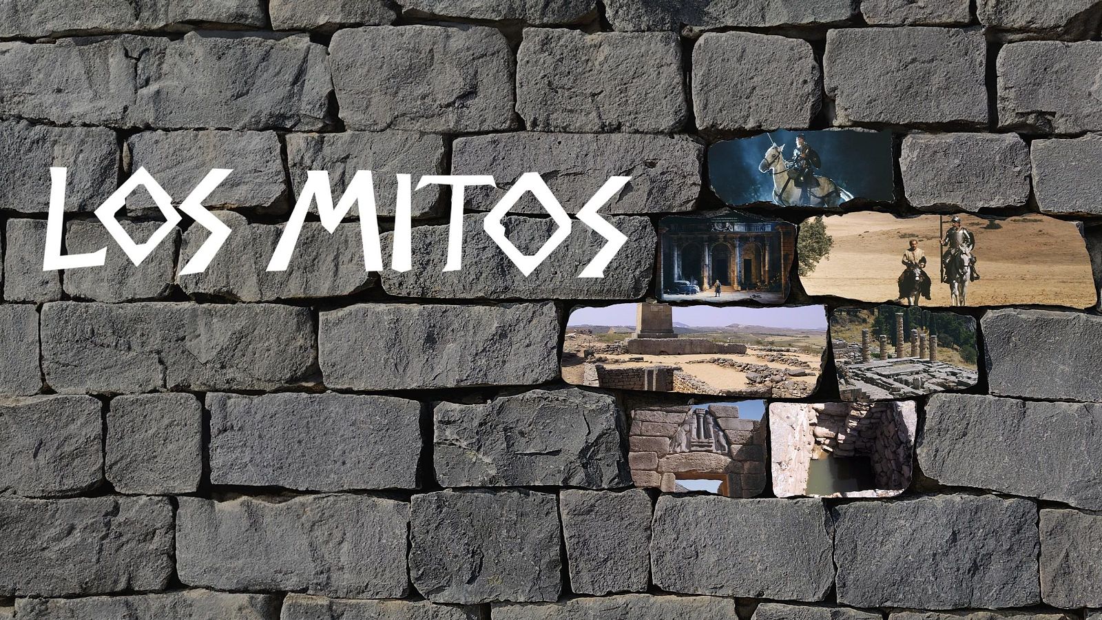 Un muro de piedra gris exhibe el título "Los Mitos" y varias imágenes incrustadas que representan escenas históricas, como figuras a caballo y ruinas, posiblemente de una serie televisiva.