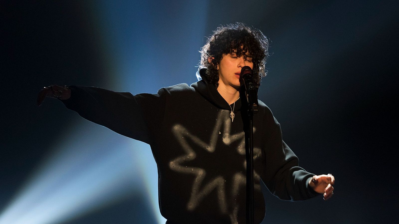 Cantante con sudadera negra y capucha actuando en un escenario iluminado. Pelo rizado oscuro y micrófono.