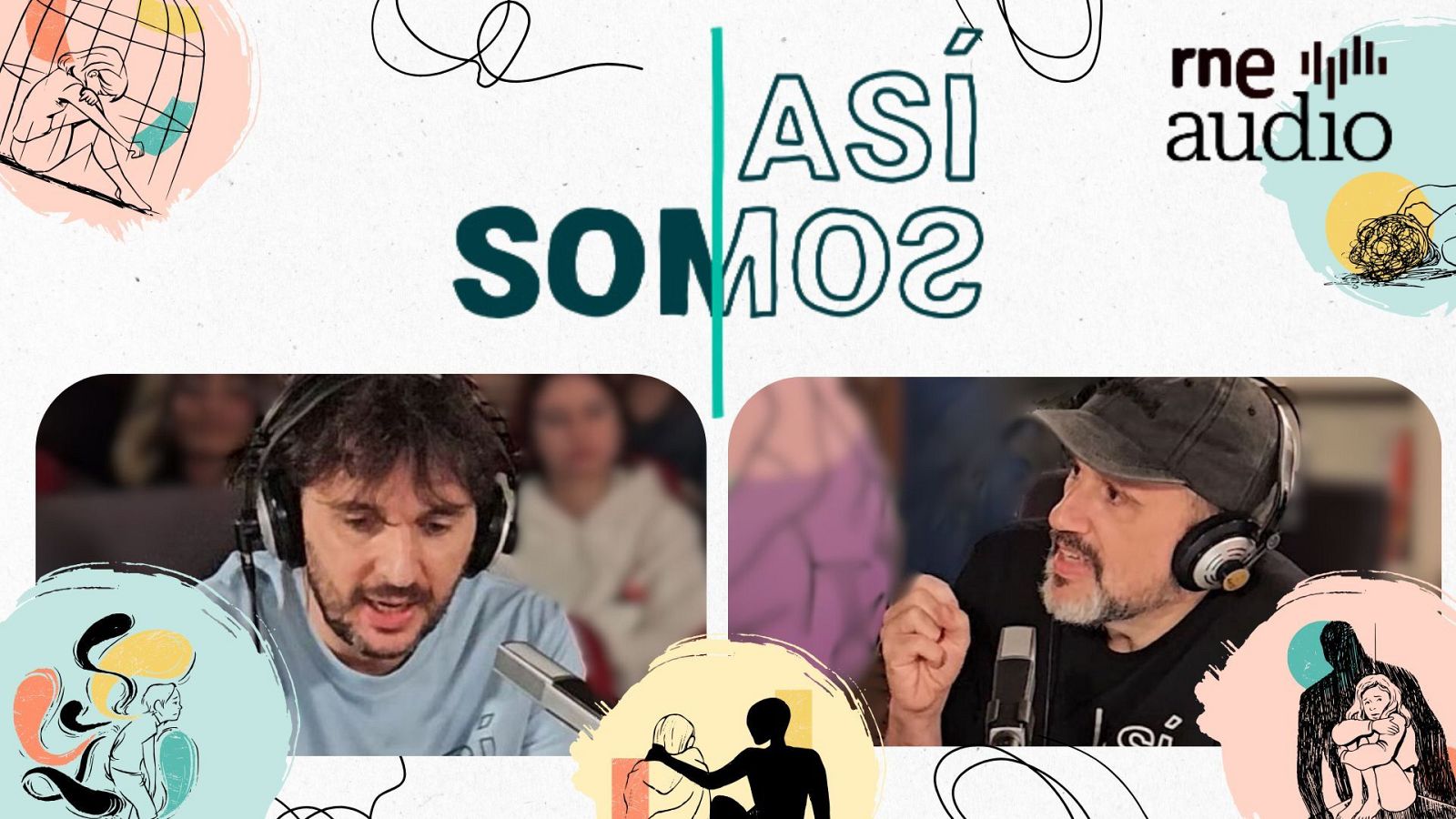 Promoción del programa de radio "Así Somos" con Molo Cebrián y Luis Muiño, ambos con micrófonos y auriculares, acompañados de ilustraciones de estilo boceto.