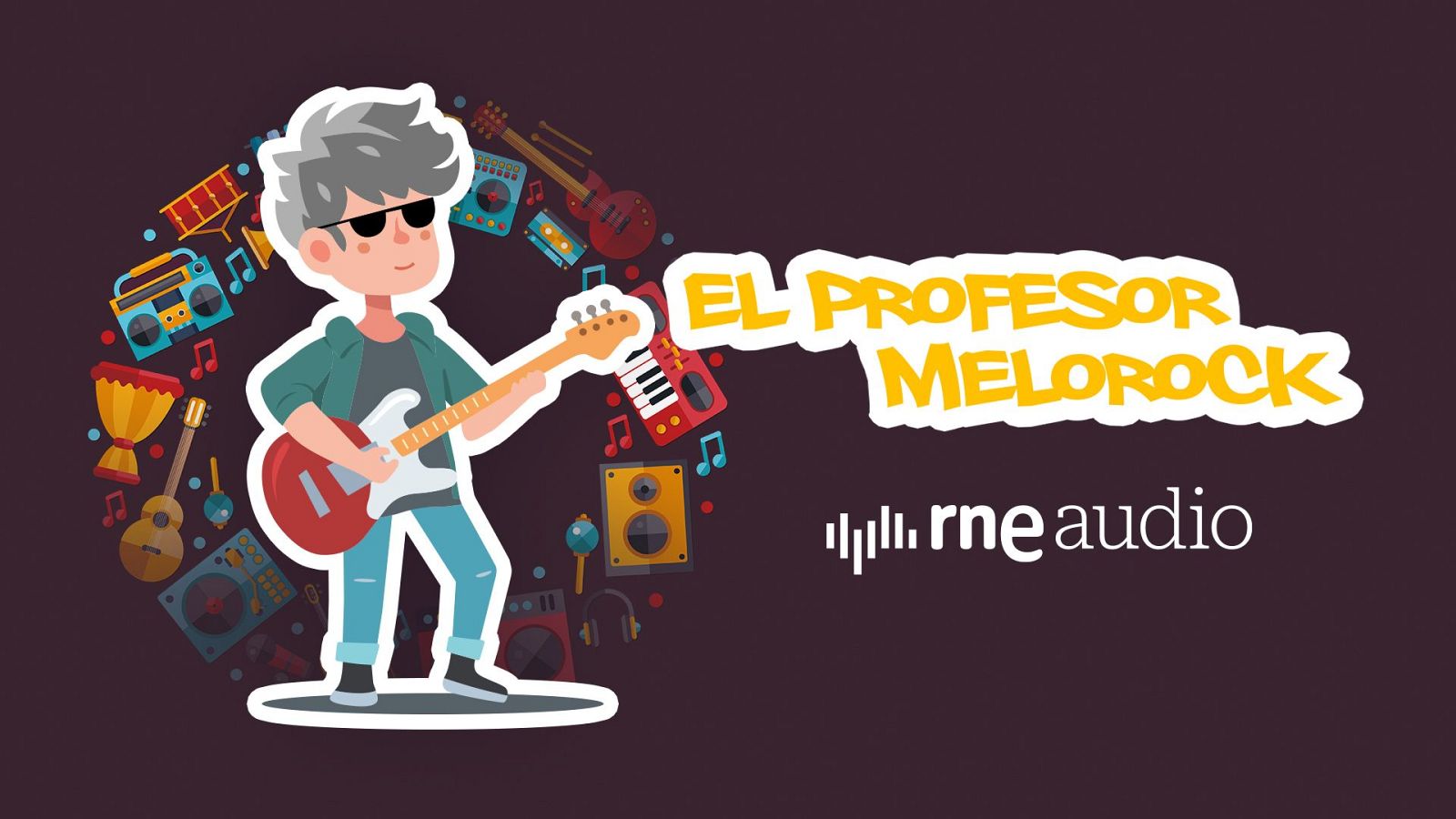 Ilustración promocional de un programa de radio con un profesor animado tocando la guitarra eléctrica, rodeado de instrumentos musicales y equipos de audio.