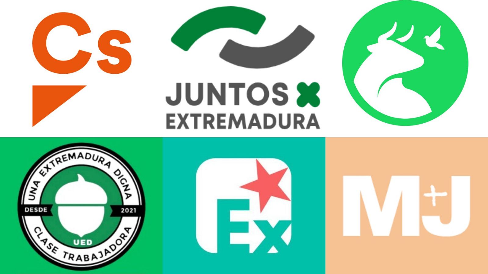 Montaje con los seis partidos que se presentan a las elecciones de Extremadura 2025 y no tienen represnetación actualmente