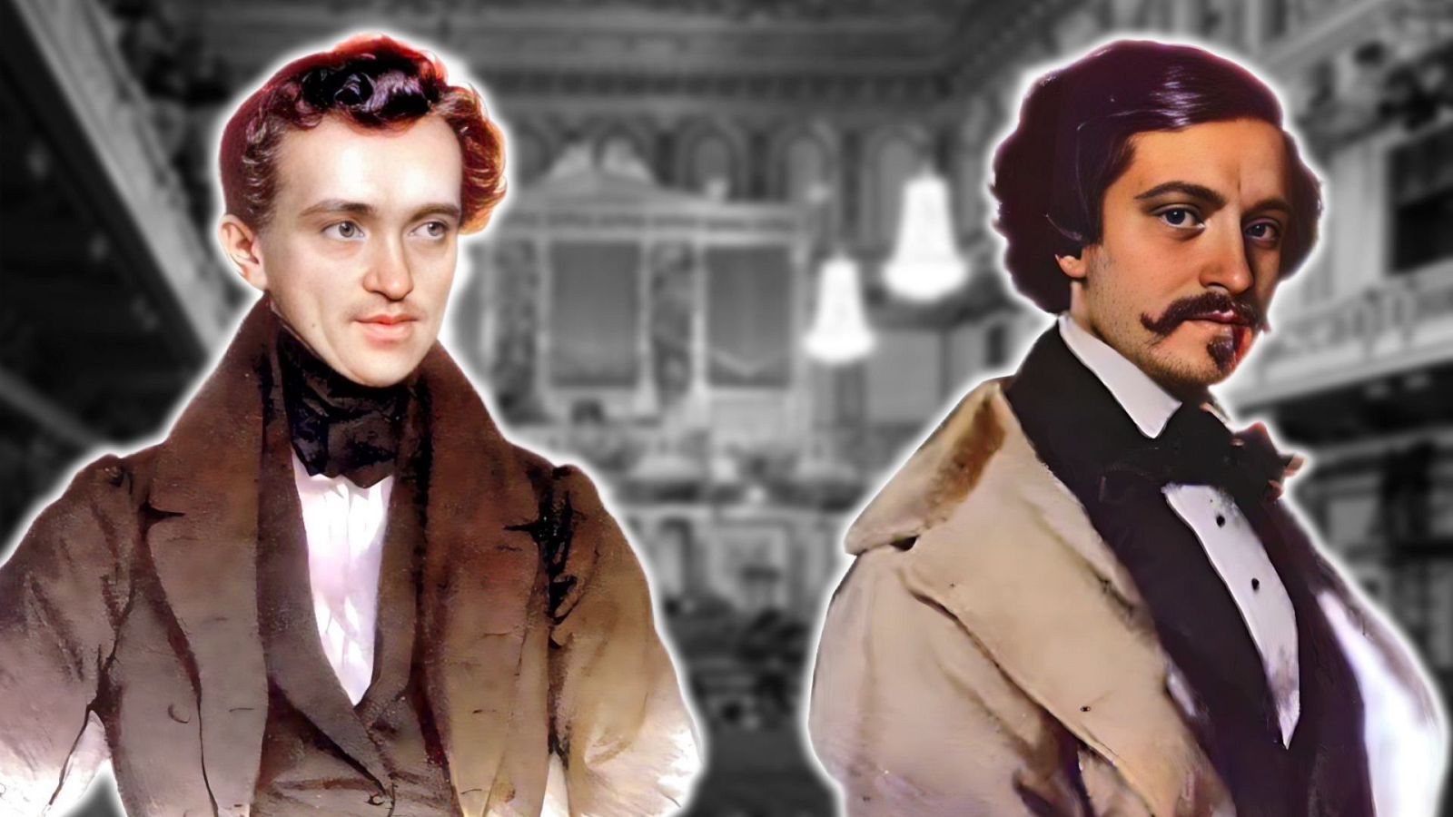 La imagen muestra dos retratos de hombres. Uno de ellos tiene cabello castaño rojizo y viste un traje oscuro con corbata negra. El otro, con bigote, lleva un abrigo claro sobre un traje oscuro con corbata de moño.