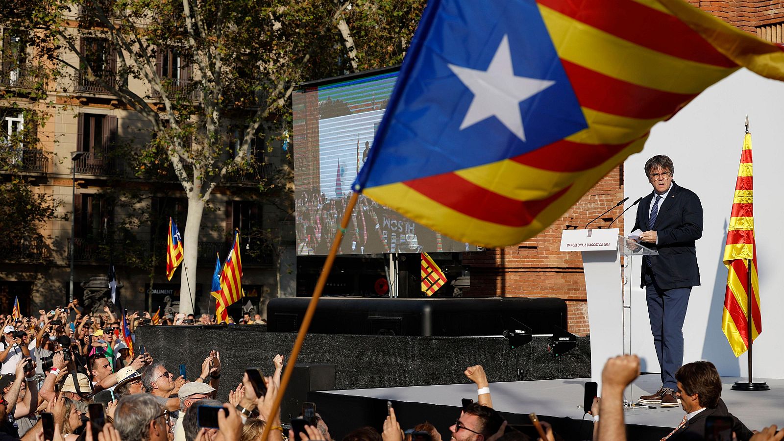 El 'expresident' Carles Puigdemont interviene en el acto organizado por entidades independentistas el 8 de agosto de 2024
