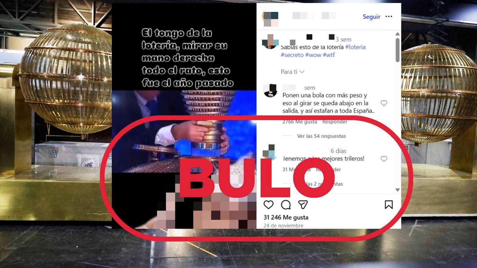 Publicación que difunde el bulo del tongo con las bolas de la Lotería de Navidad