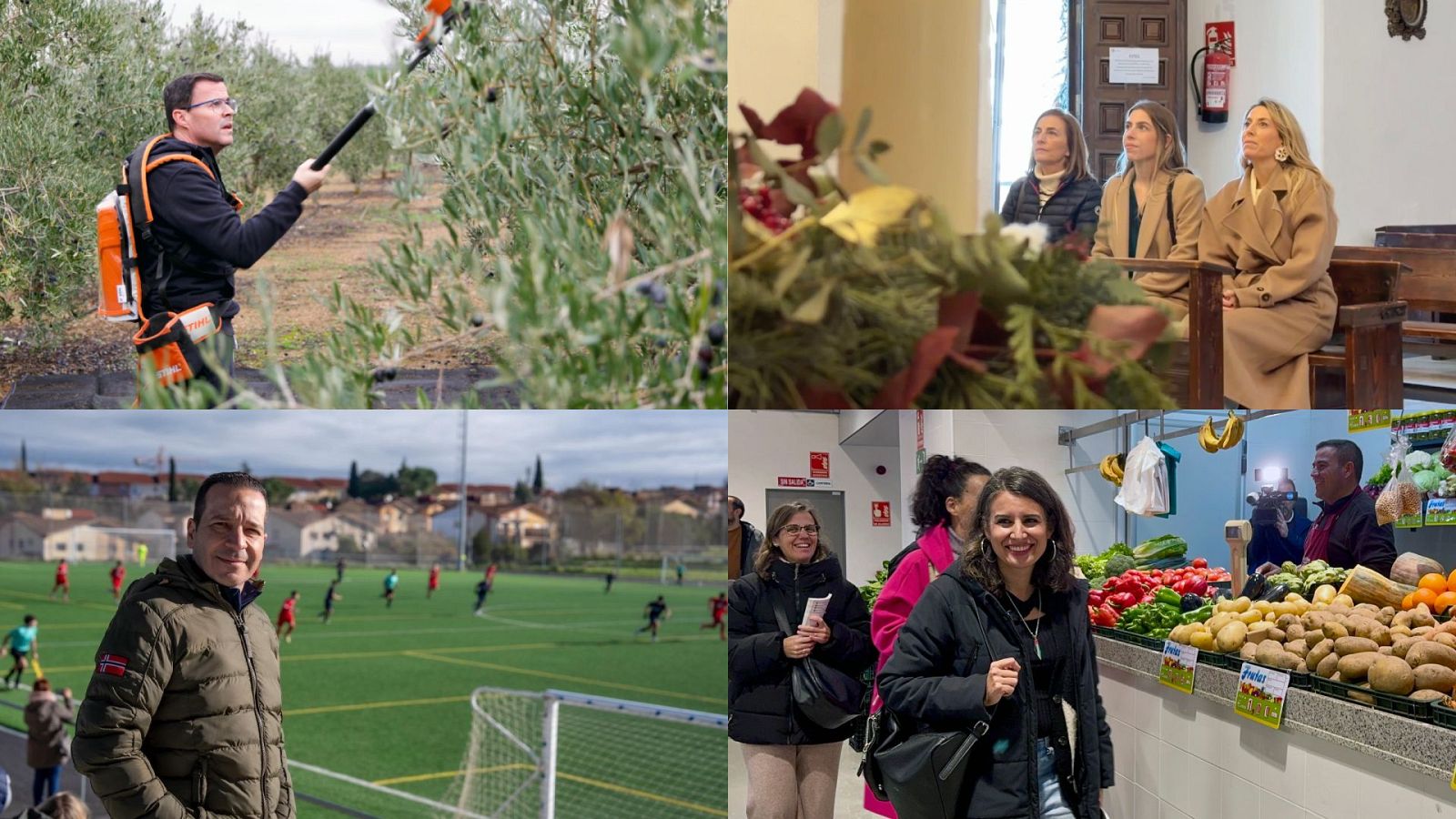Un collage de cuatro imágenes muestra a un hombre cosechando aceitunas, tres mujeres en una iglesia, un hombre en un campo de fútbol y una mujer comprando verduras en un mercado.