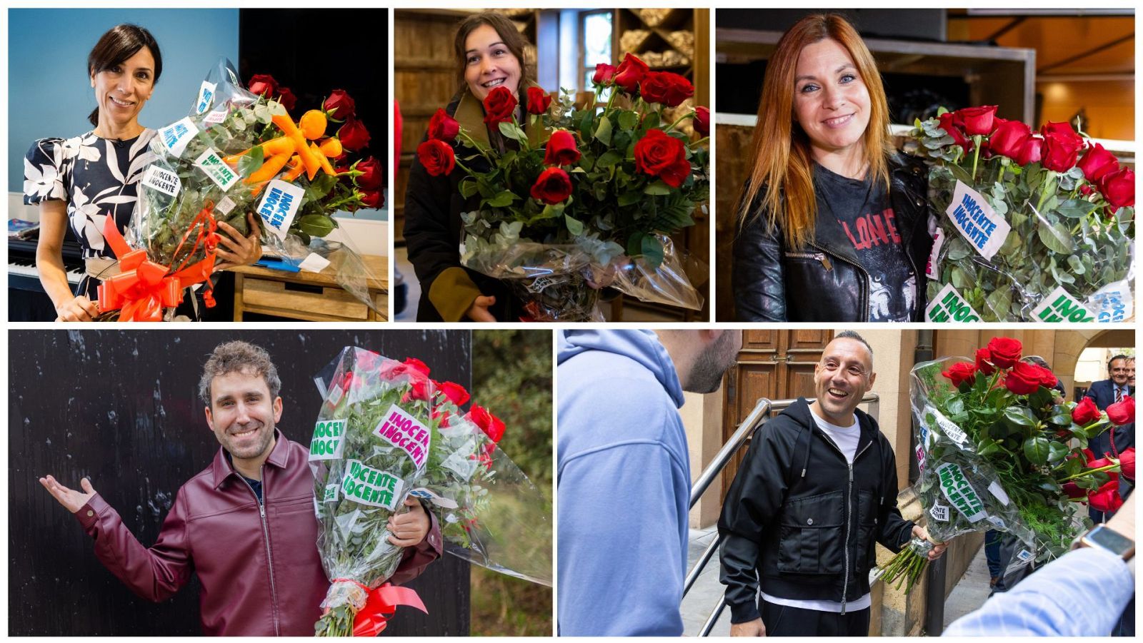 Un collage presenta a personas con ramos de flores, envueltos en plástico y cintas rojas, con etiquetas que dicen "Inocente". Las flores son mayormente rosas rojas.