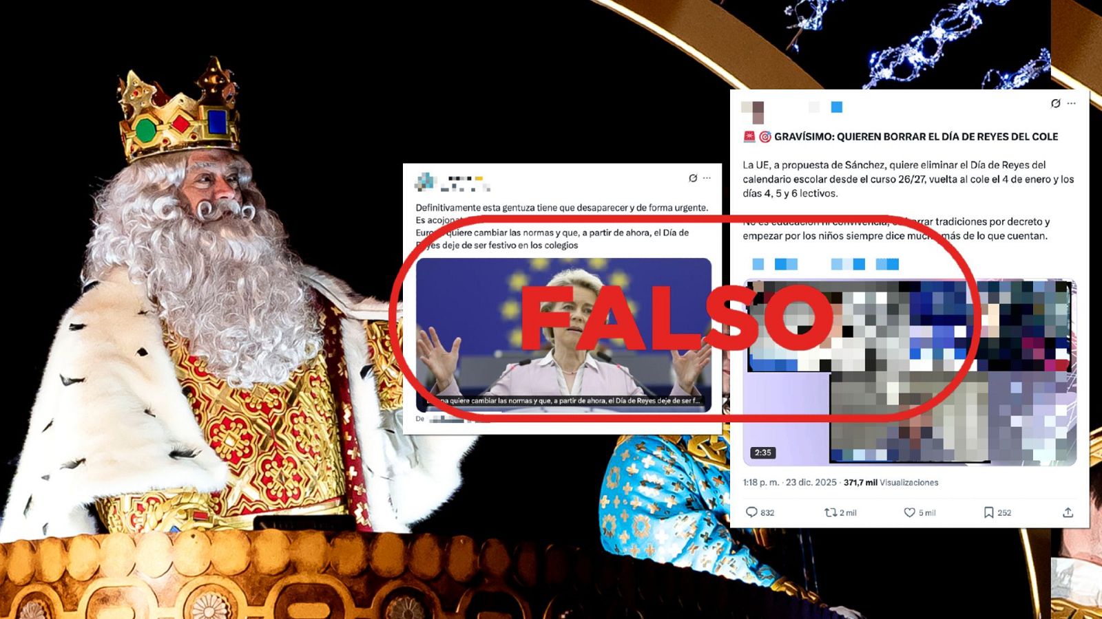 Mensajes de redes sociales que difunden la falsedad de que Europa planea ‘eliminar el Día de Reyes’.
