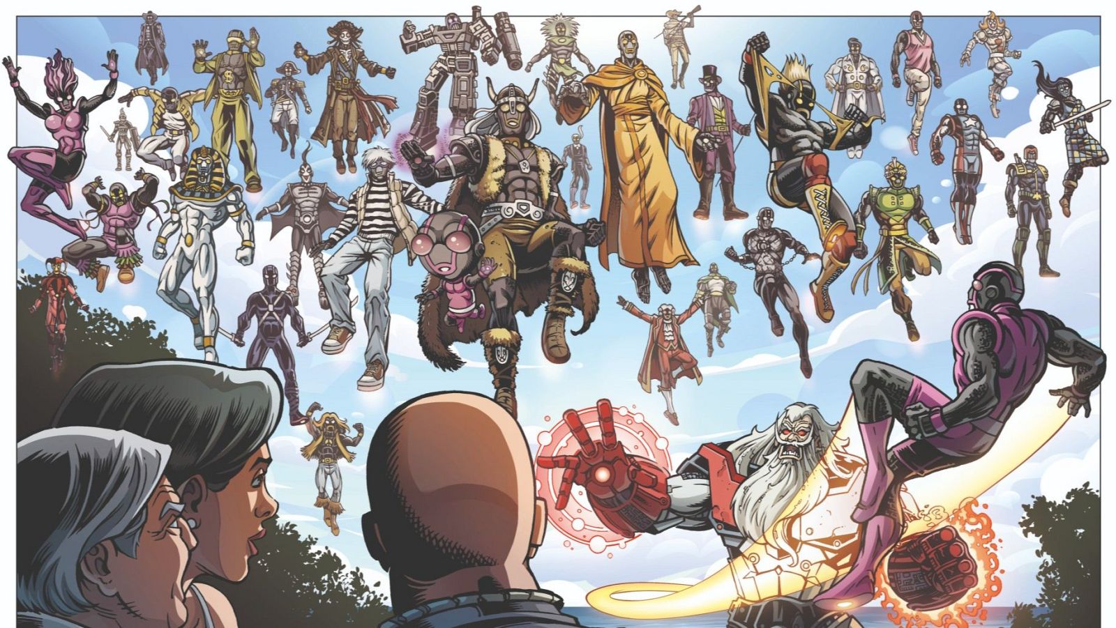 Una escena de cómic presenta una concentración de superhéroes en el cielo, con diversos trajes y poses, observados por tres personas desde abajo, en un cielo azul con nubes.