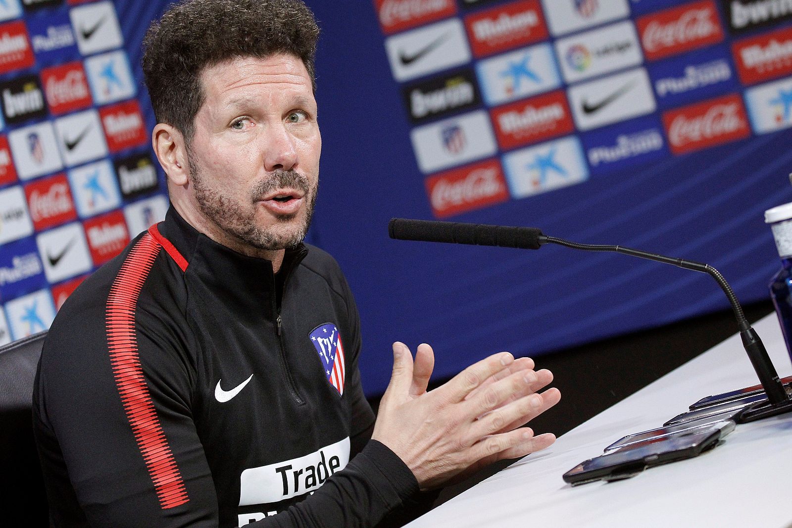 El entrenador argentino del Atlético de Madrid, Diego Simeone, durante la rueda de prensa.