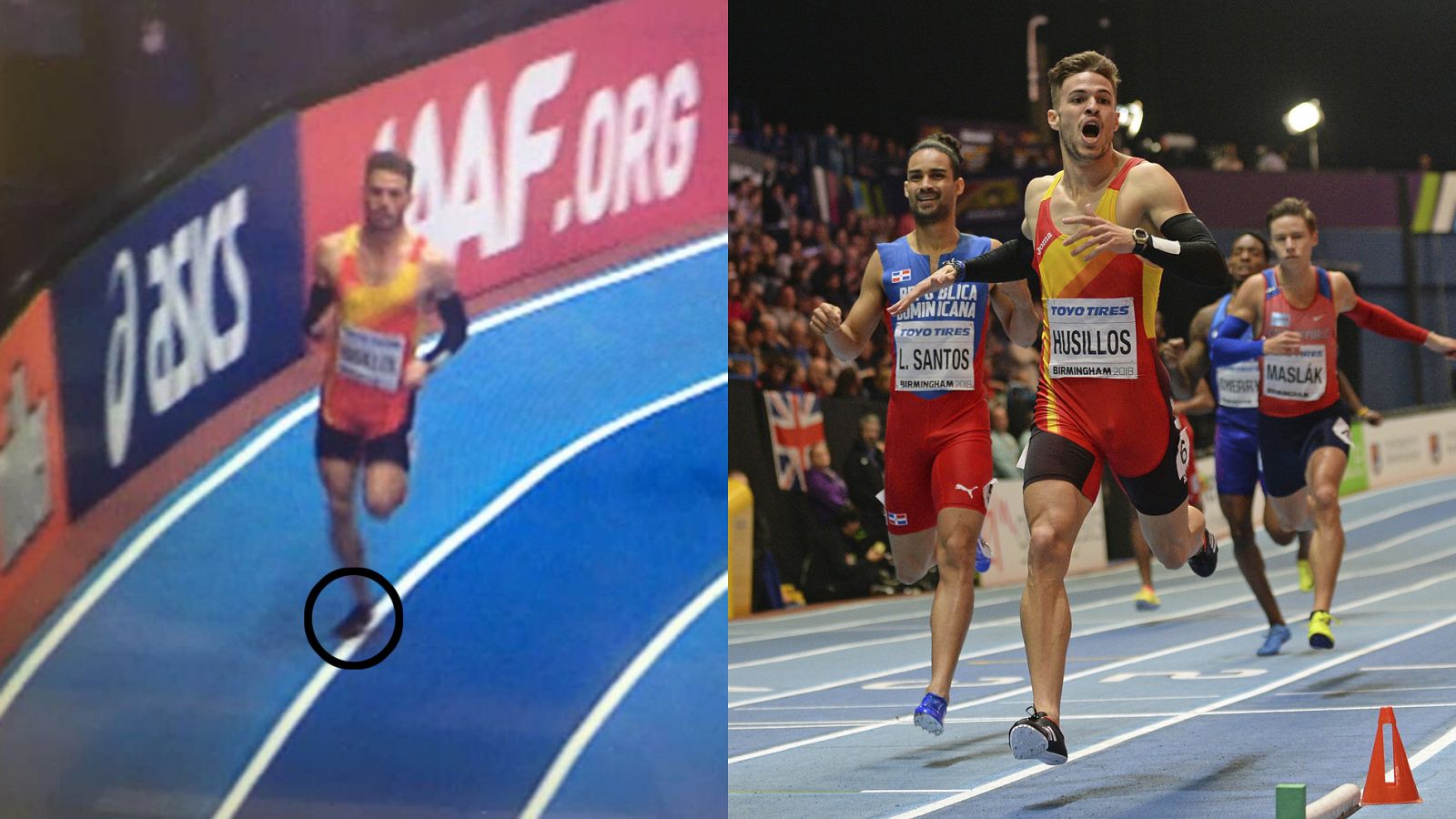 Fotograma donde se aprecia que Husillos pisó la línea interior de su calle (izquierda); en una carrera que terminó primero