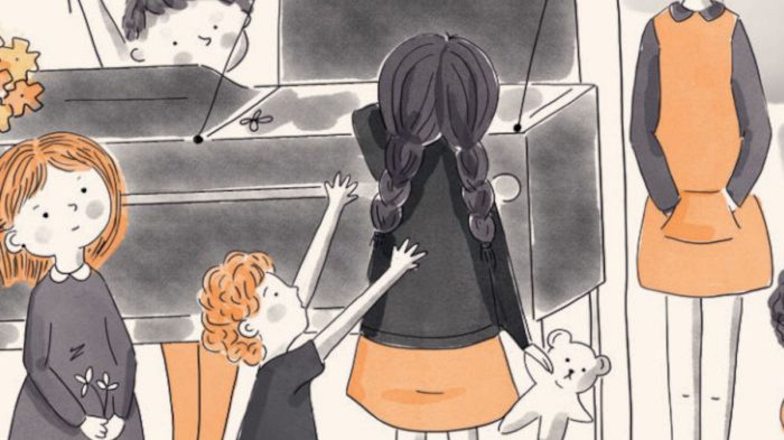 Una niña pelirroja con flores y un niño pelirrojo abrazan a una mujer que sostiene un oso de peluche, en una escena que sugiere una conversación sobre la muerte. Una radio antigua y otra mujer están presentes en la ilustración.