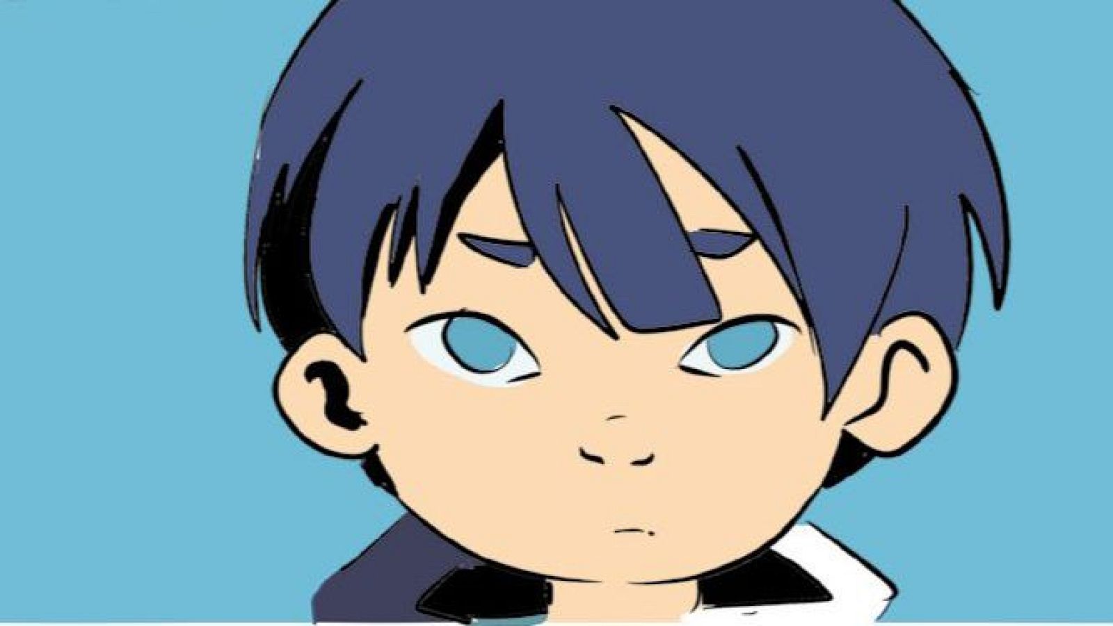 Un primer plano de un personaje de cómic con cabello azul oscuro y ojos claros, mostrando una expresión seria y vistiendo una prenda oscura con cuello blanco, sobre un fondo azul claro.