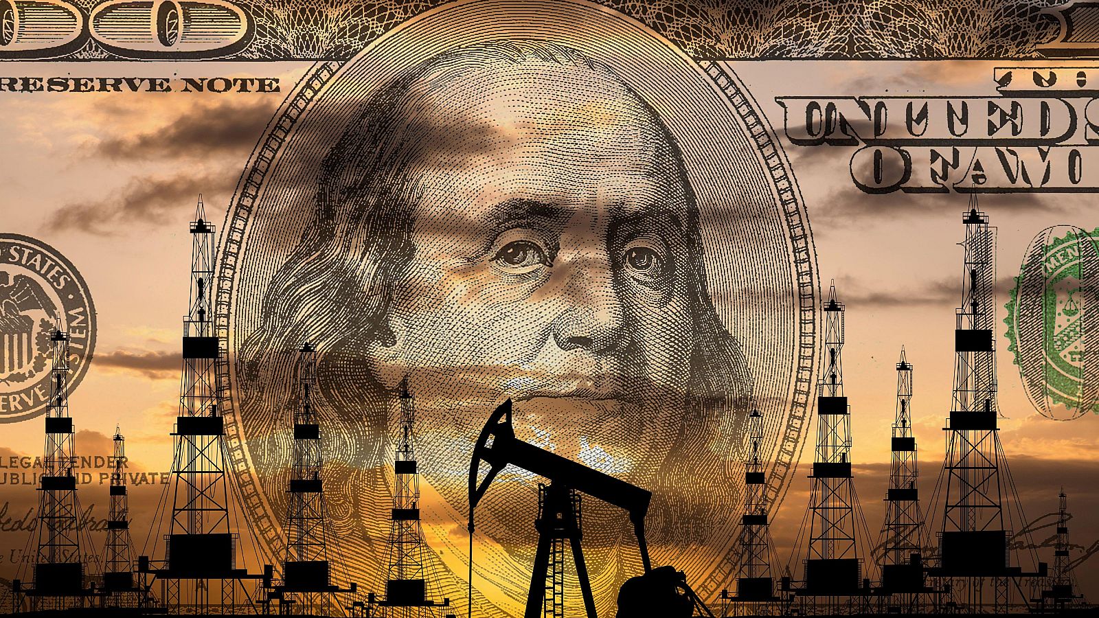 Un billete de dólar con la imagen de un hombre prominente se superpone a la silueta de torres petroleras, creando un contraste visual con un cielo anaranjado y nublado.