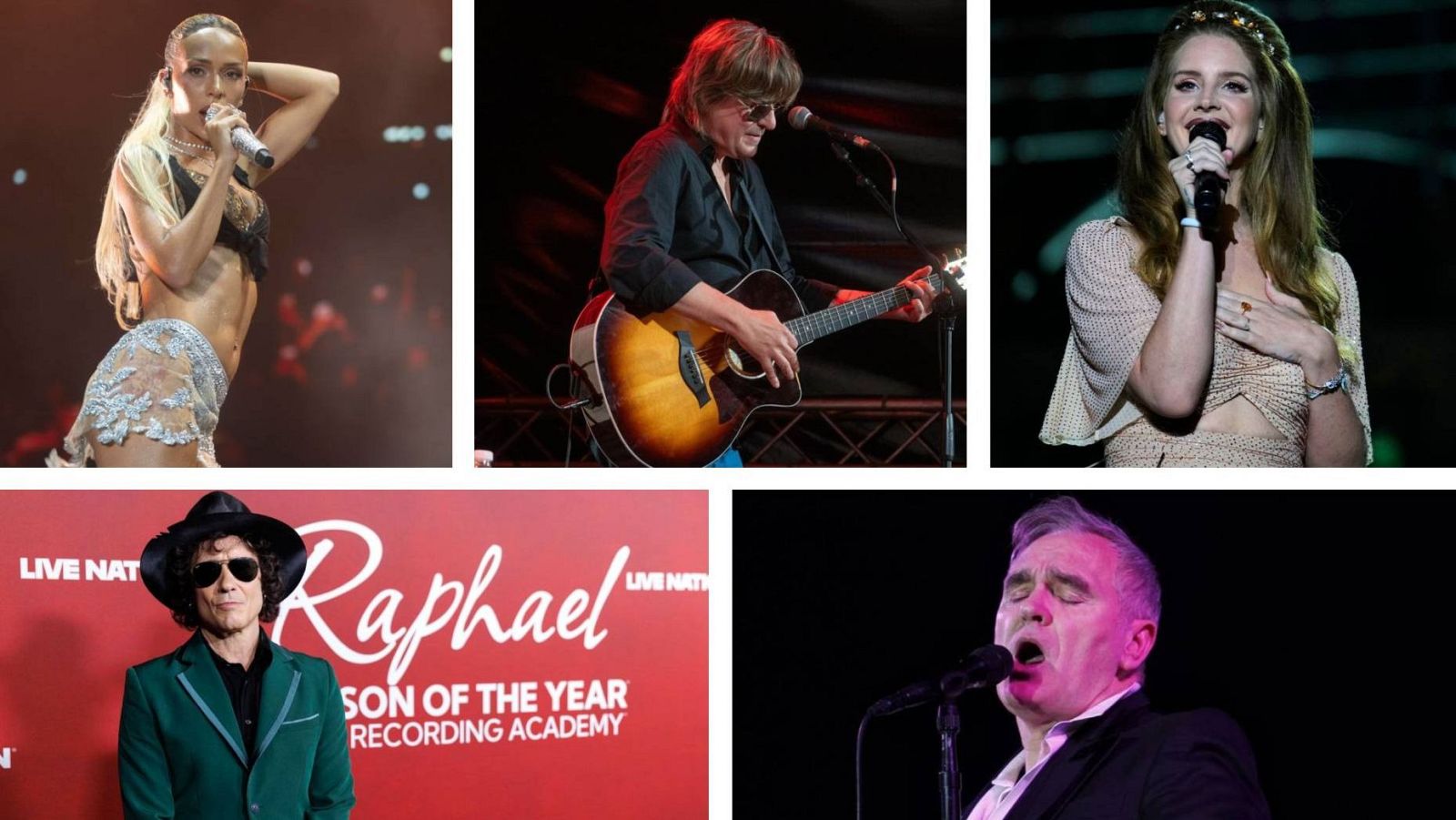 Un collage presenta a varios artistas musicales: Bad Gyal, Bunbury, Lana del Rey, Nacho Vegas y Morrissey, cada uno en diferentes momentos, como cantando o tocando instrumentos.