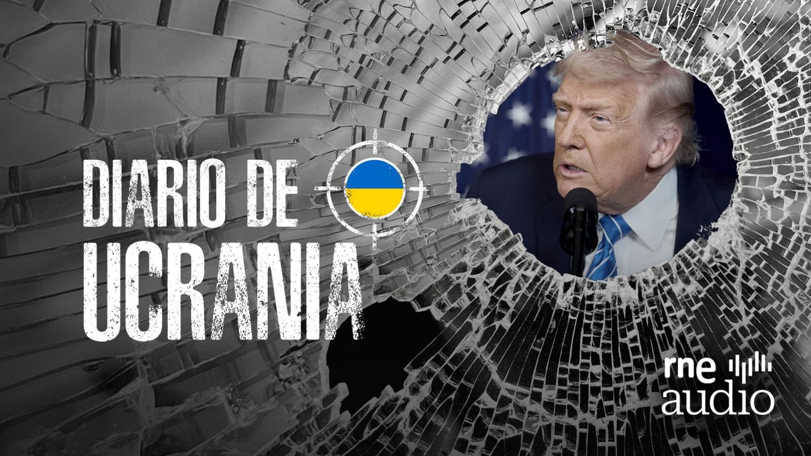 Un diseño gráfico muestra un cristal roto con la imagen de un hombre hablando frente a un micrófono, con una bandera de fondo. Sobre el cristal, se observa un texto y un símbolo relacionados con un conflicto bélico, junto con un logotipo.