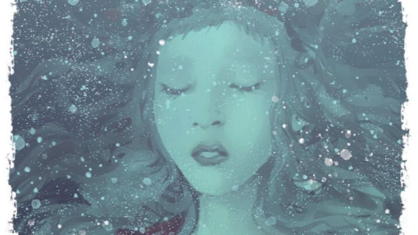 Primer plano de una mujer con piel y cabello azul verdoso, ojos cerrados y labios entreabiertos, con un fondo de remolinos oscuros y motas blancas, creando una atmósfera onírica.