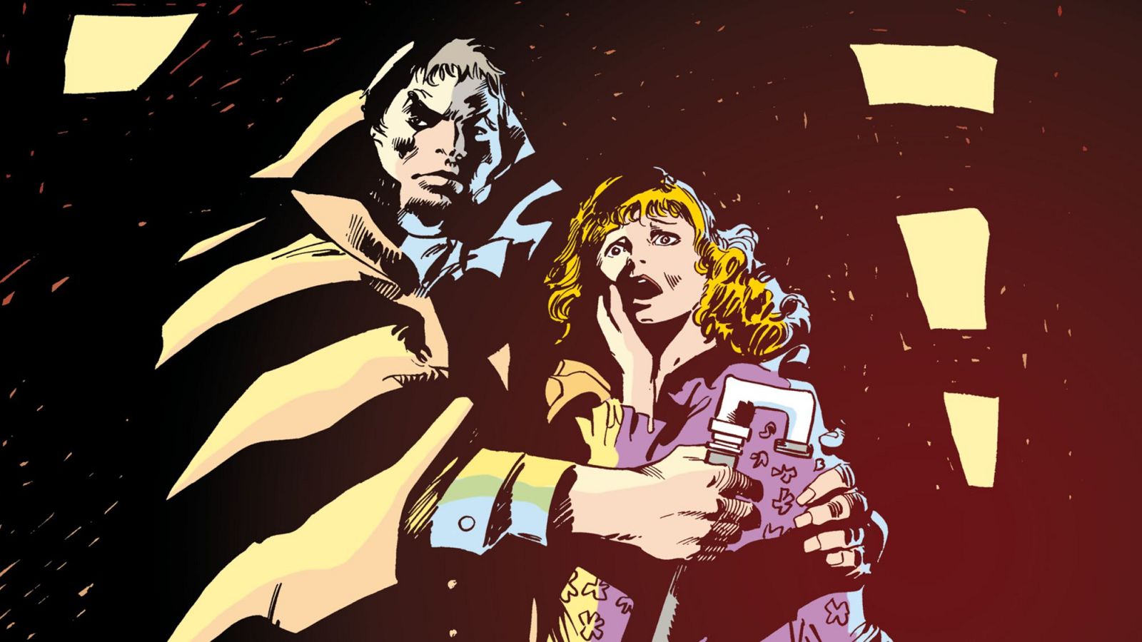 En la portada de un cómic, un hombre con capa y rostro serio se encuentra junto a una mujer rubia que muestra terror. El fondo oscuro y las formas geométricas contribuyen a la atmósfera de suspense.