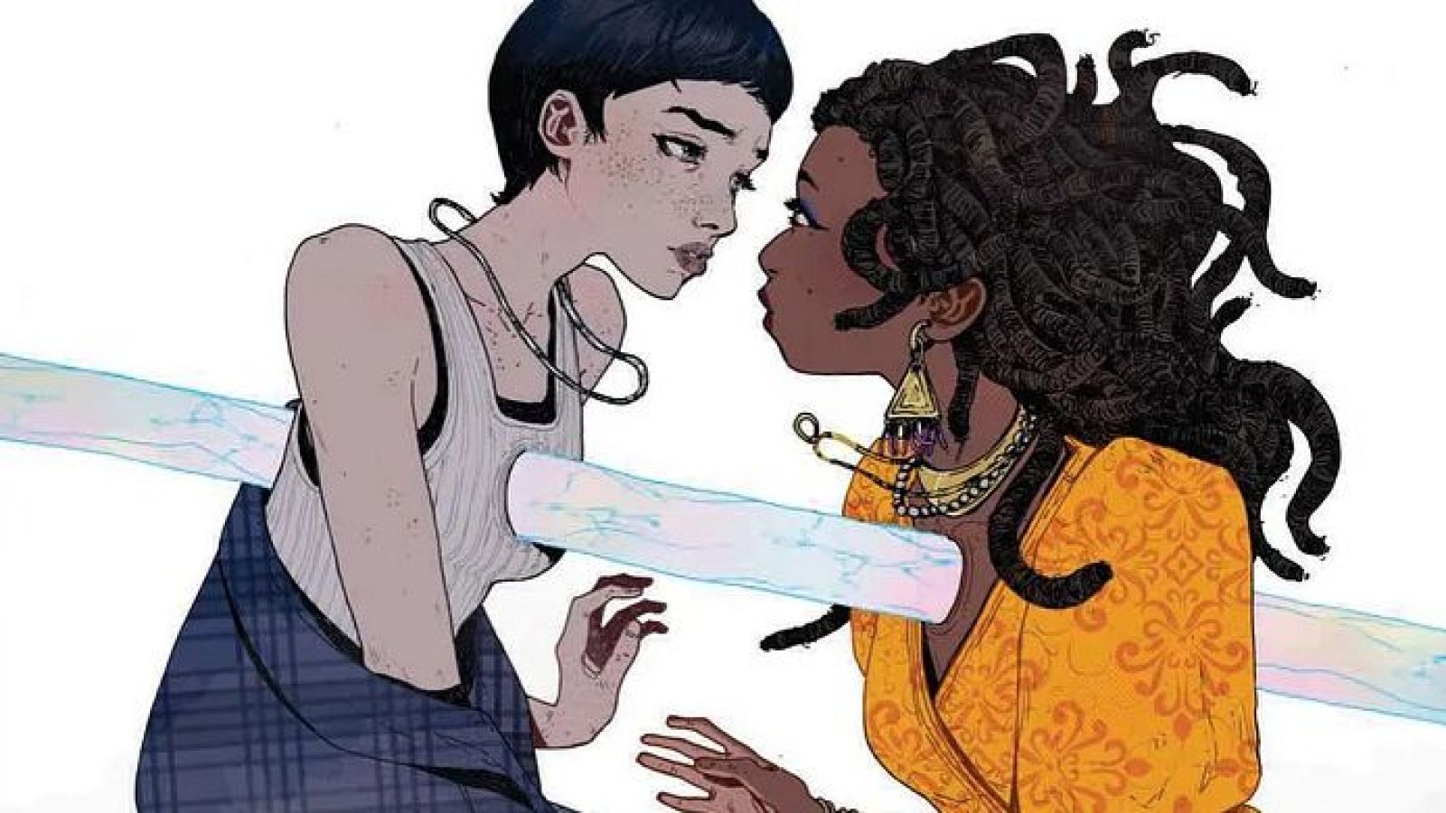 Dos mujeres jóvenes, una con cabello oscuro y piel clara vestida con camiseta y falda a cuadros, y otra con rastas y piel oscura con un vestido amarillo, se enfrentan con un haz de luz azul que las atraviesa.