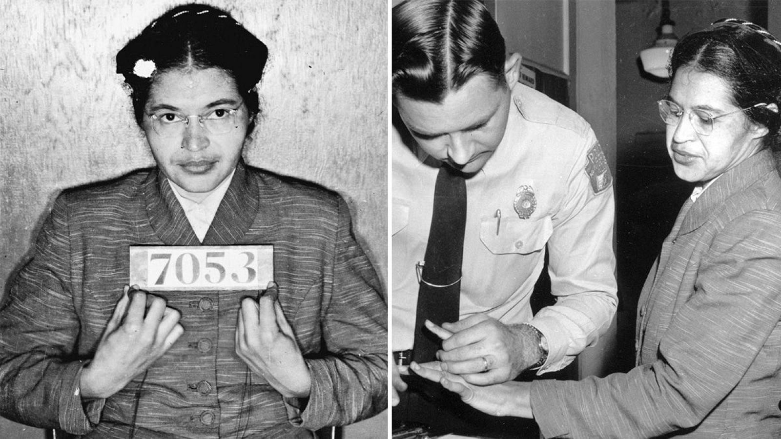 Dos fotografías en blanco y negro capturan a una mujer durante su arresto. En una, posa con un cartel numerado; en la otra, un policía le toma las huellas dactilares.
