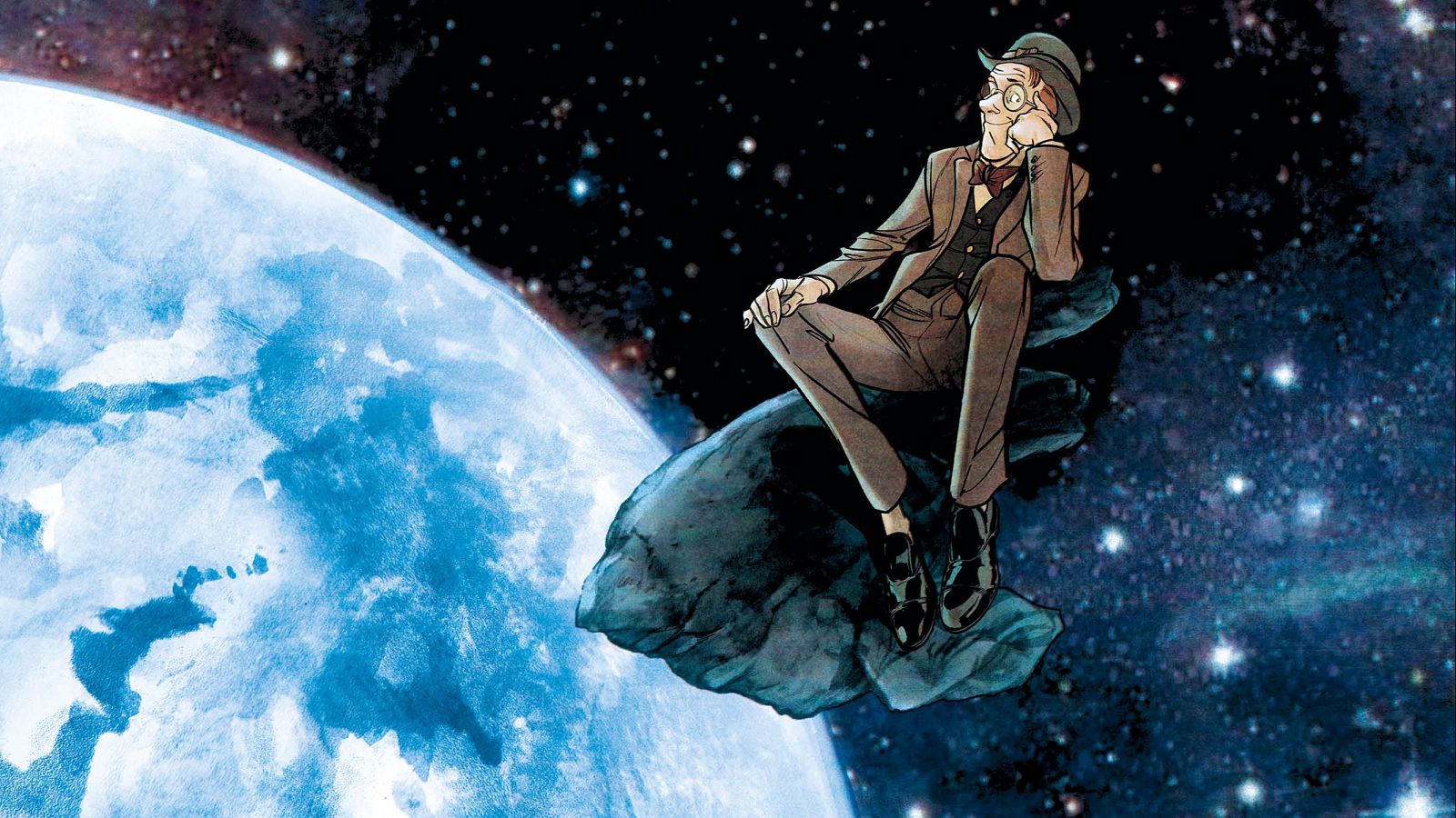 En la portada de un cómic, un hombre con gafas y sombrero, vestido con un traje marrón, se encuentra sentado sobre un asteroide, con un planeta azul y un cielo estrellado de fondo.