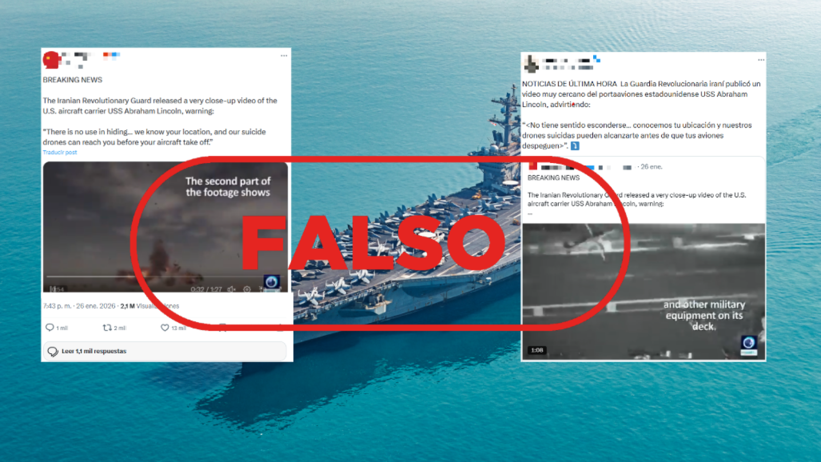 Mensajes que publican como última hora imágenes de un portaaviones de EE.UU. que se corresponden a 2021