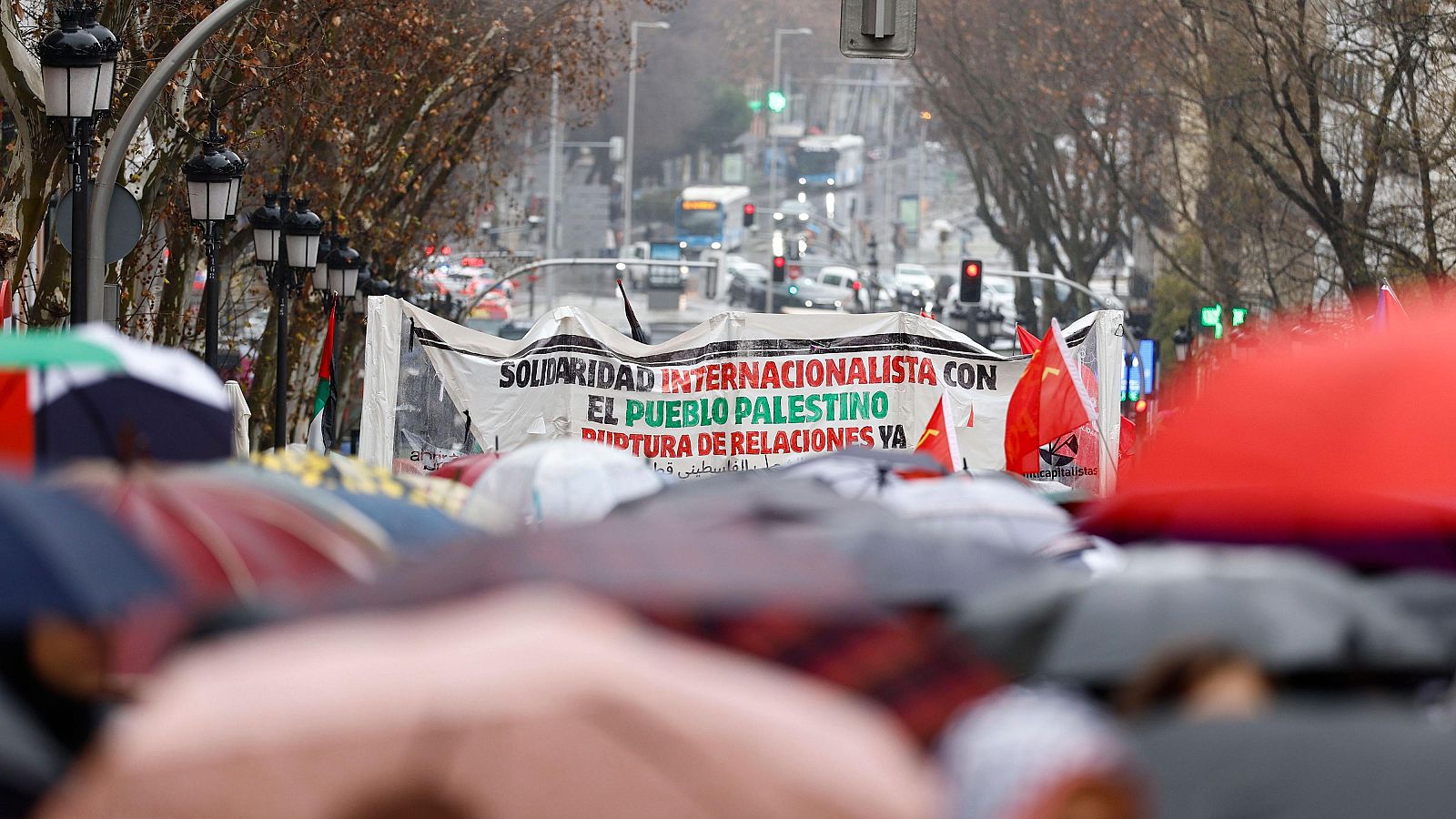 En una calle de Madrid, una manifestación pro-Palestina se protege de la lluvia con paraguas. Una pancarta blanca proclama solidaridad y exige la ruptura de relaciones, mientras una bandera palestina ondea en el evento.