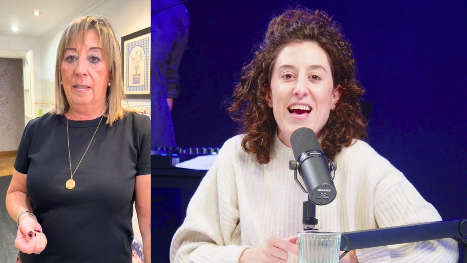 Montaje fotográfico que muestra a La Maripili, con camiseta negra y collar, y a Laura del Val, frente a un micrófono en un estudio de radio, con equipos de sonido.