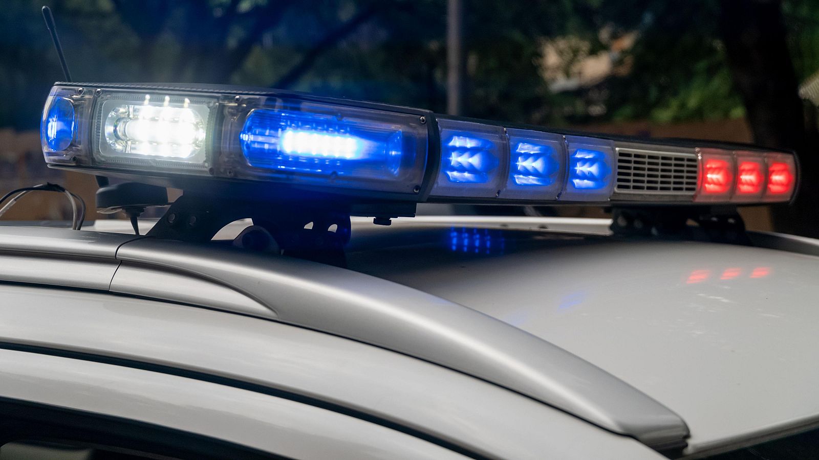 Se observa la parte superior de un coche patrulla con las luces de emergencia encendidas. Las luces, en una barra sobre el techo, combinan los colores azul, blanco y rojo.