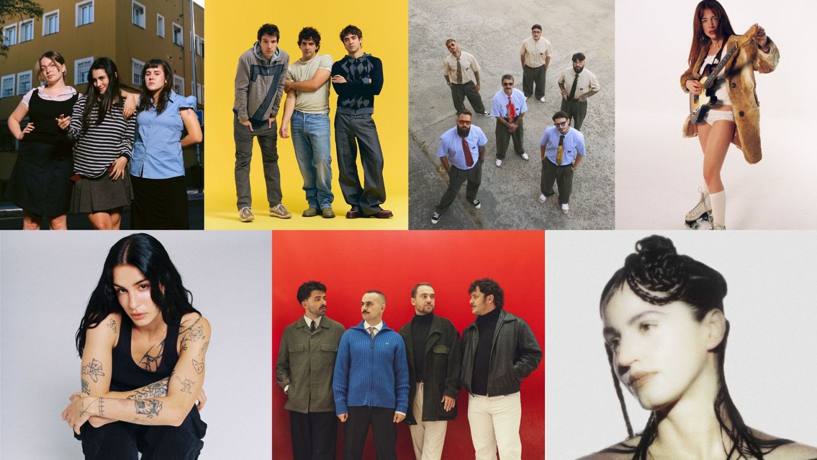 El cartel publicitario de la "Fiesta de Radio 3 Extra 2026" presenta una serie de fotografías que muestran a personas en diversas situaciones: grupos, retratos individuales y diferentes estilos visuales, creando una composición dinámica y atractiva.