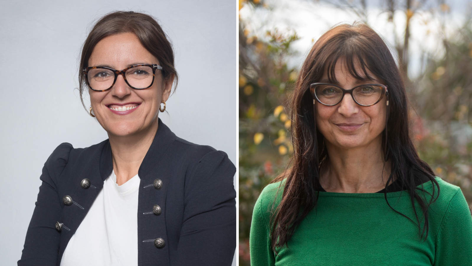 Dos mujeres sonríen a la cámara. Una de ellas lleva gafas oscuras y una chaqueta azul marino, mientras que la otra viste un jersey verde, con un jardín como fondo.