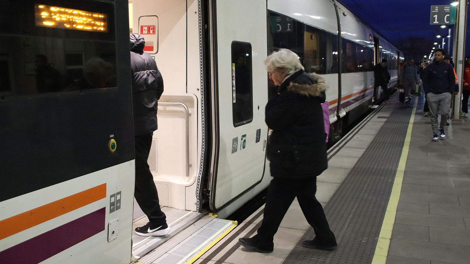 Una viatgera puja al tren en direcció a Tortosa a l'estació de Tarragona, aquest dilluns al matí  (ACN | Eloi Tost)