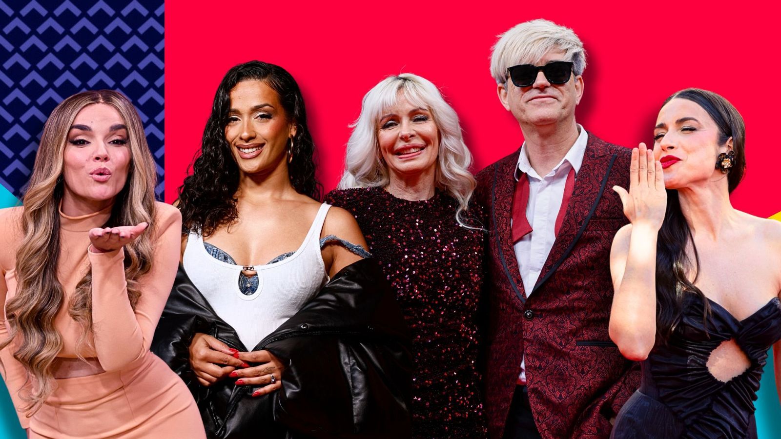 Cinco individuos posan para la foto: una mujer con vestido de lentejuelas granates, otra con chaqueta de cuero, una con vestido negro y dos personas más. El fondo presenta una combinación de colores azul oscuro y rojo.