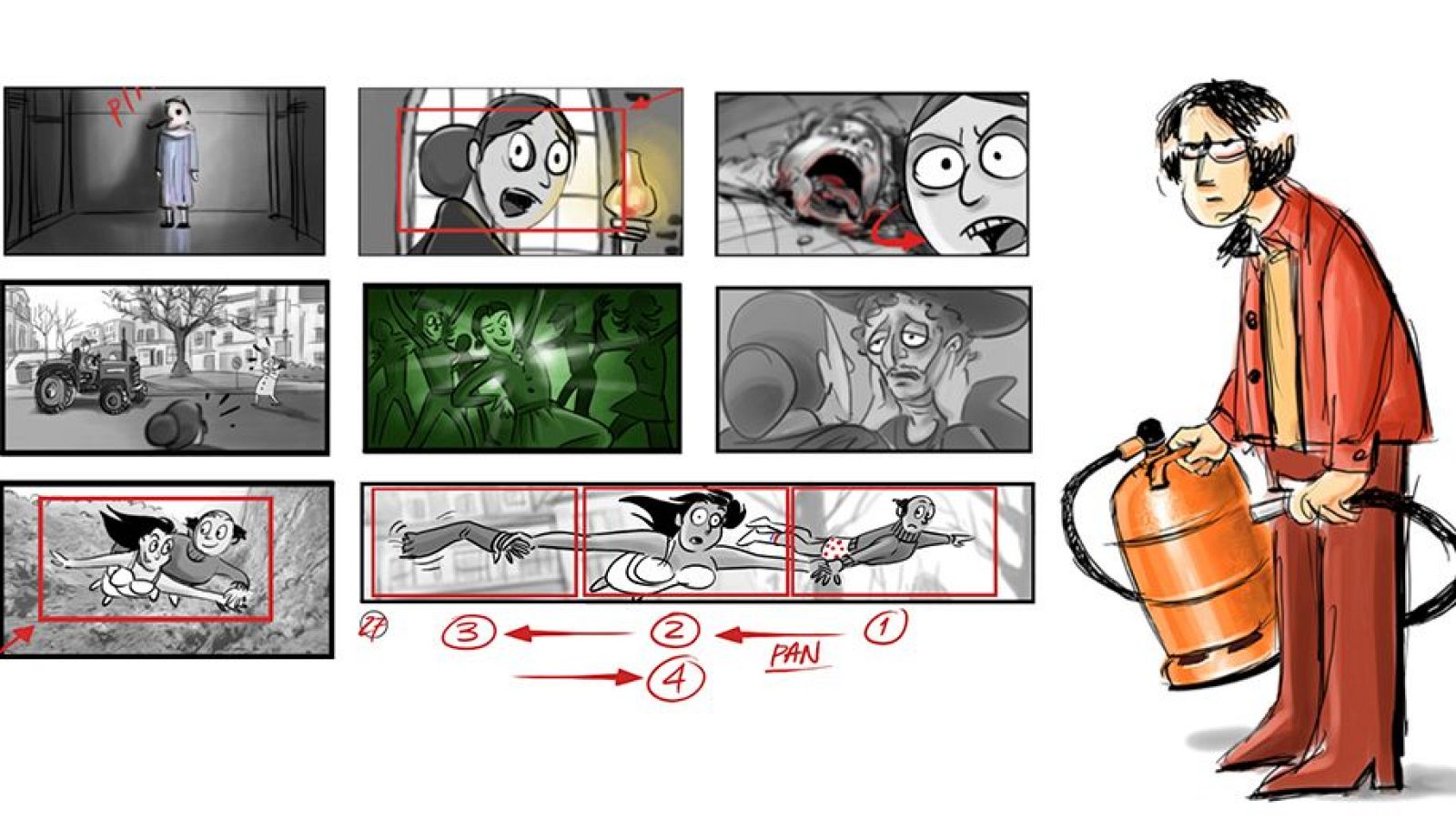 Storyboard de "Spanish Movie" de Paco Sáez con paneles que ilustran escenas variadas: personajes con expresiones de sorpresa y terror, una figura con máscara, una escena exterior con un tractor, y personajes femeninos volando.