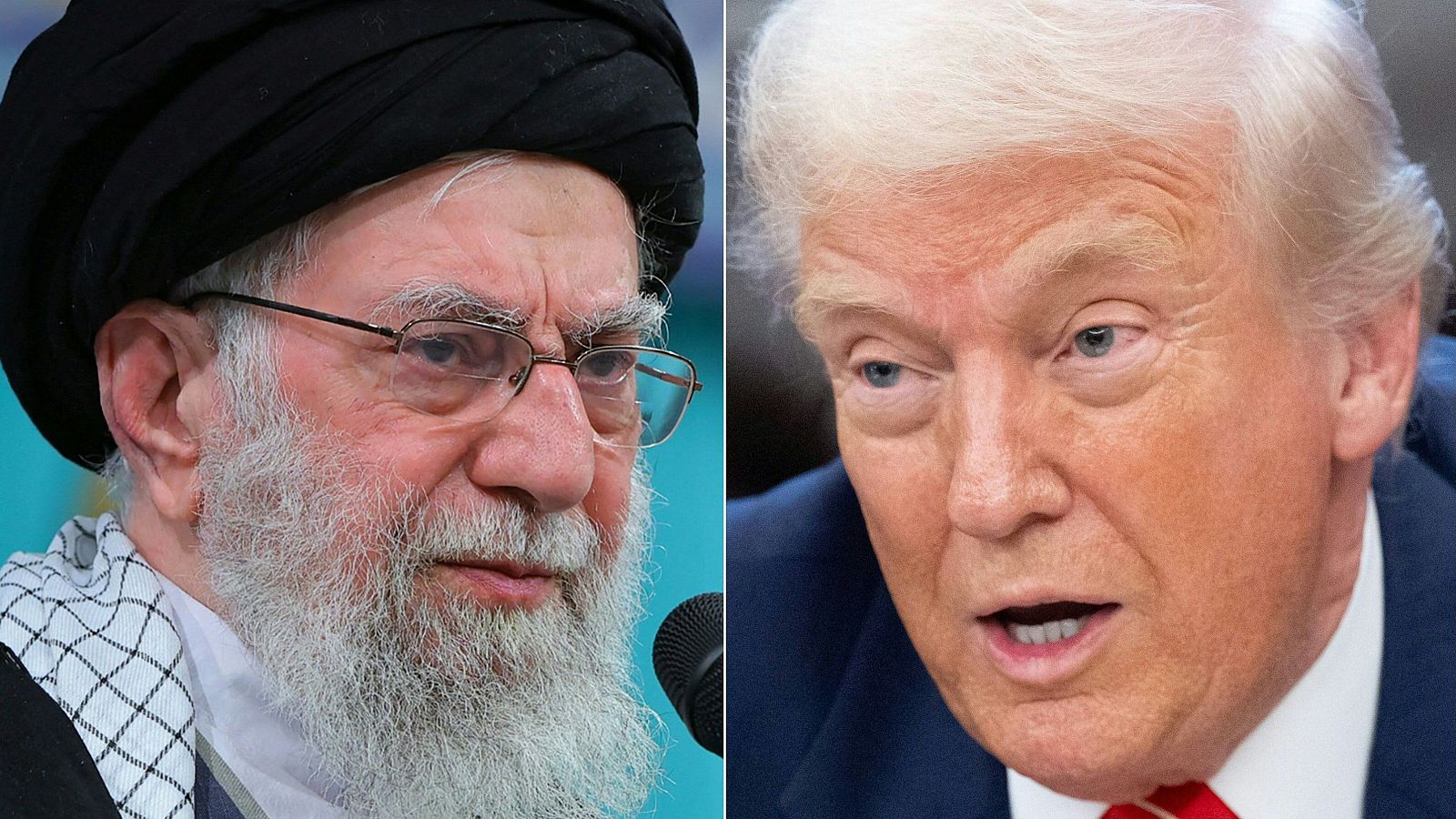 Un montaje yuxtapone dos primeros planos: a la izquierda, un hombre con turbante y barba; a la derecha, un hombre con traje y corbata, ambos mirando hacia el frente.