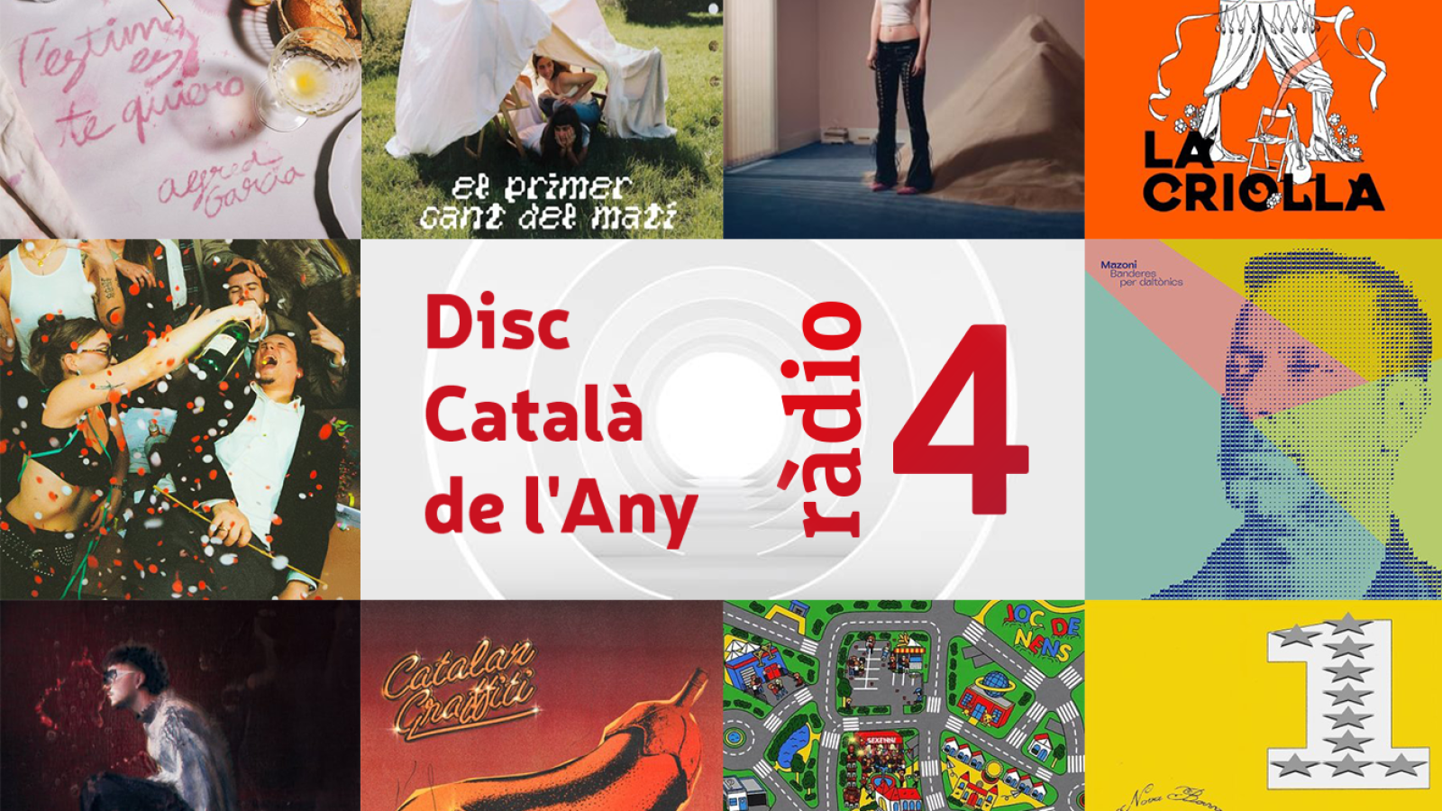 El collage muestra las portadas de los finalistas del Disc Català de l'Any 2025. Se observan imágenes diversas, desde una camiseta con texto hasta retratos y escenas con personas, junto con el logo del evento y de la emisora.