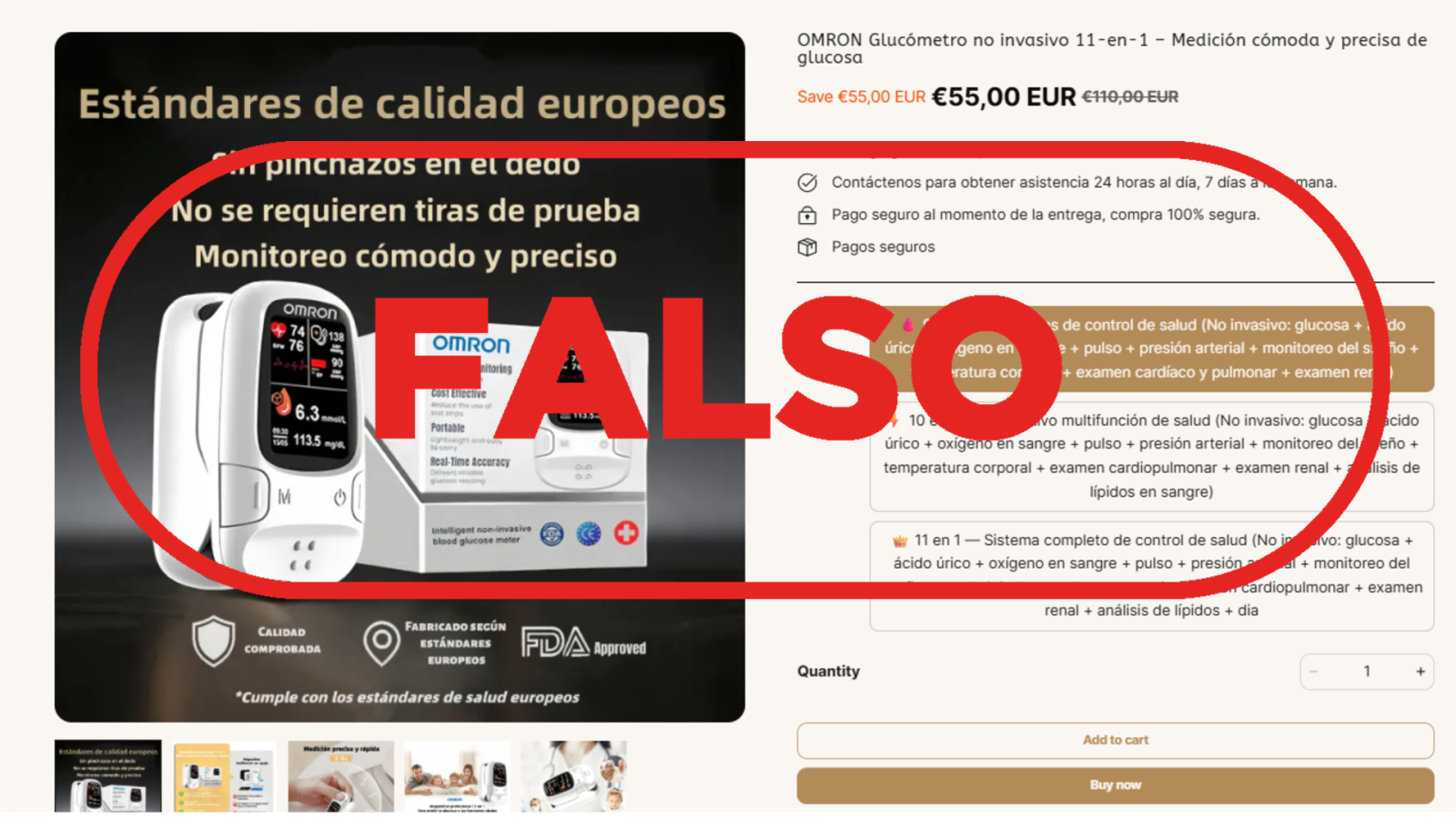 Esta página web promueve la venta de un glucómetro "sin pinchazo" no reconocido por la AEMPS