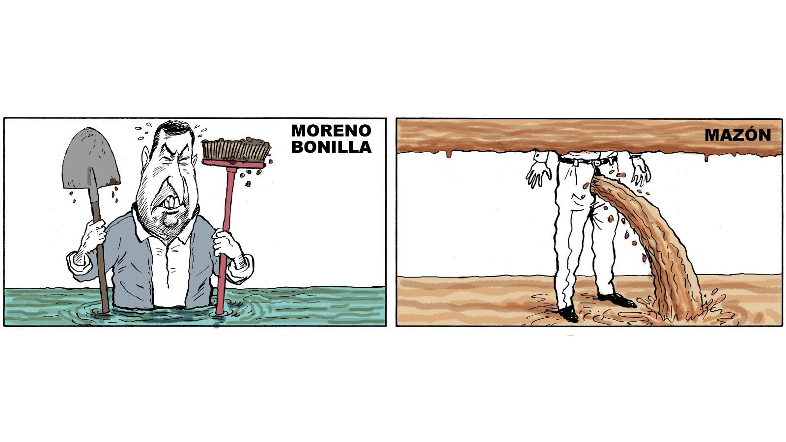 Una tira cómica de dos viñetas muestra a dos personajes. Uno está en el agua con herramientas, mientras que el otro recibe agua sucia de una tubería.