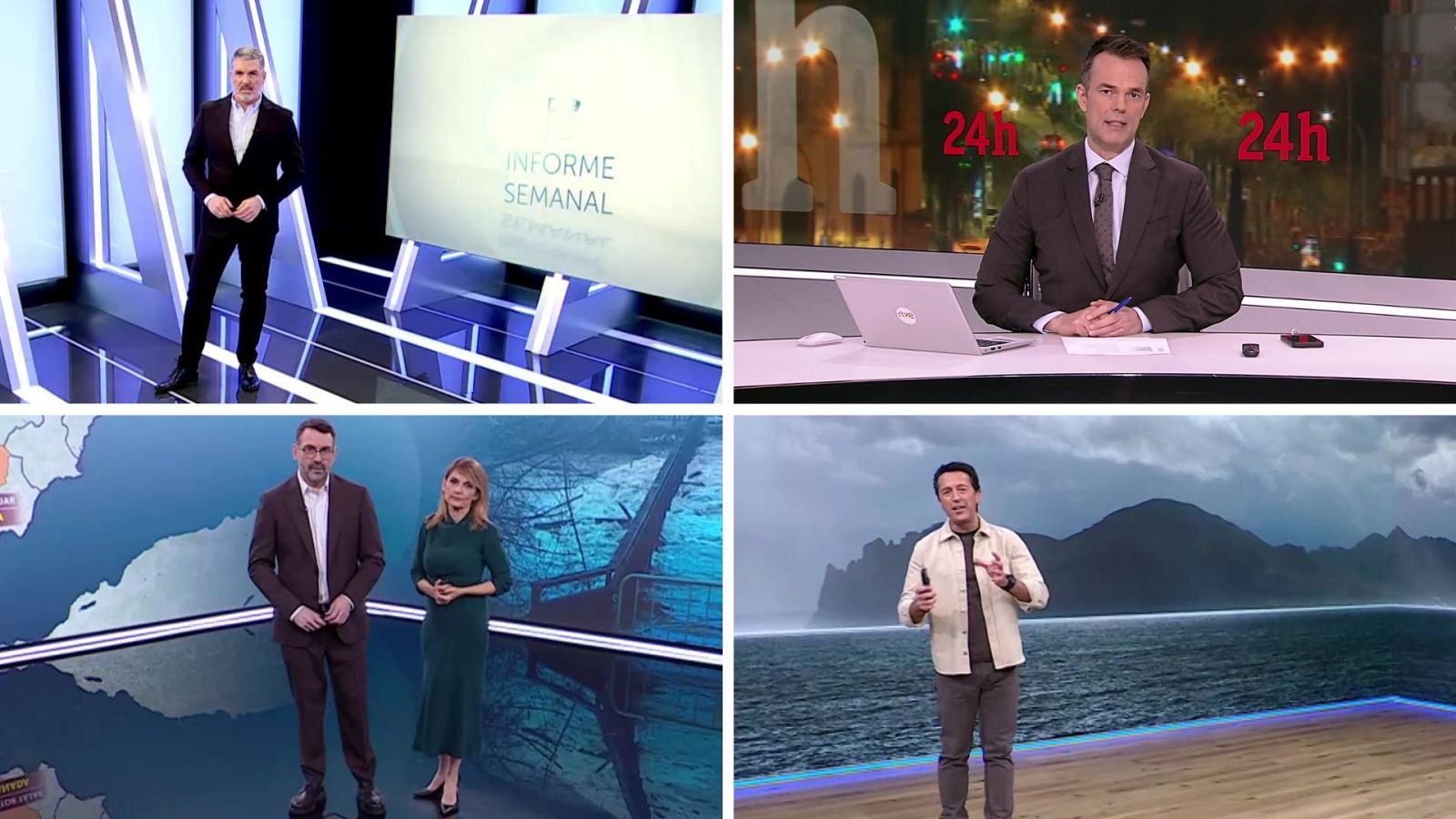 Cuatro capturas de pantalla de programas de televisión. Se observan presentadores en diferentes estudios, uno con el logo "INFORME SEMANAL", otro con el logo "24h" y otro con gráficos climáticos. Un presentador se encuentra frente a un paisaje marino.