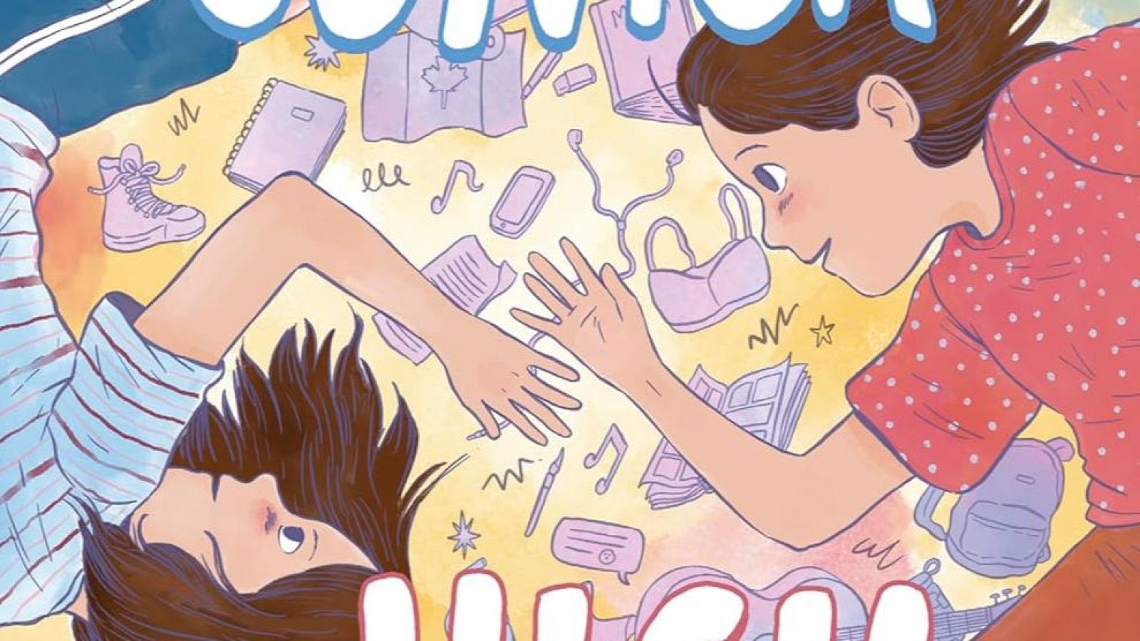 En la portada de un cómic, dos chicas jóvenes se relajan sobre un fondo amarillo claro, rodeadas de objetos como cuadernos, un teléfono móvil y una mochila, sugiriendo un ambiente escolar y juvenil.