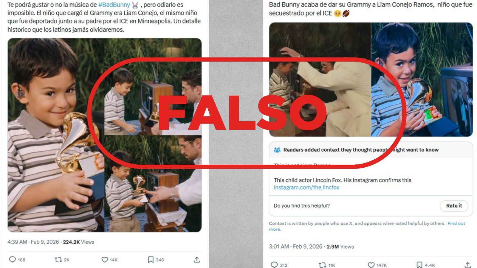 Super Bowl 2026: el niño que sale con Bud Bunny no es Liam Conejo