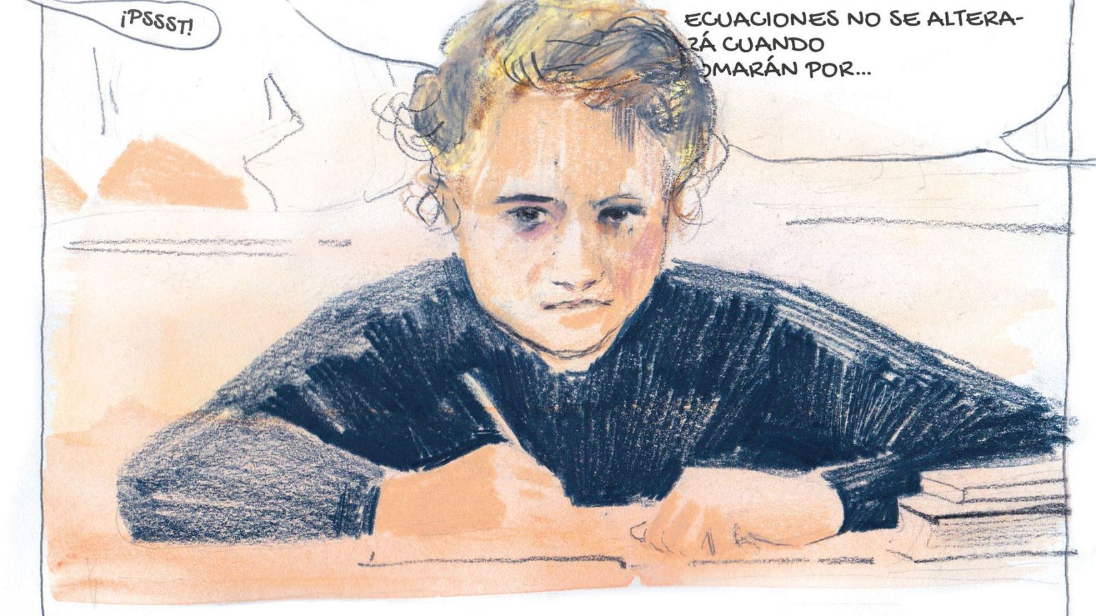 Un dibujo de Marie Curie, con cabello rubio rizado y vestida con una camisa oscura, sentada en un pupitre y escribiendo. Dos bocadillos de diálogo, uno con "¡Pssst!" y otro con una frase sobre ecuaciones, acompañan la imagen.