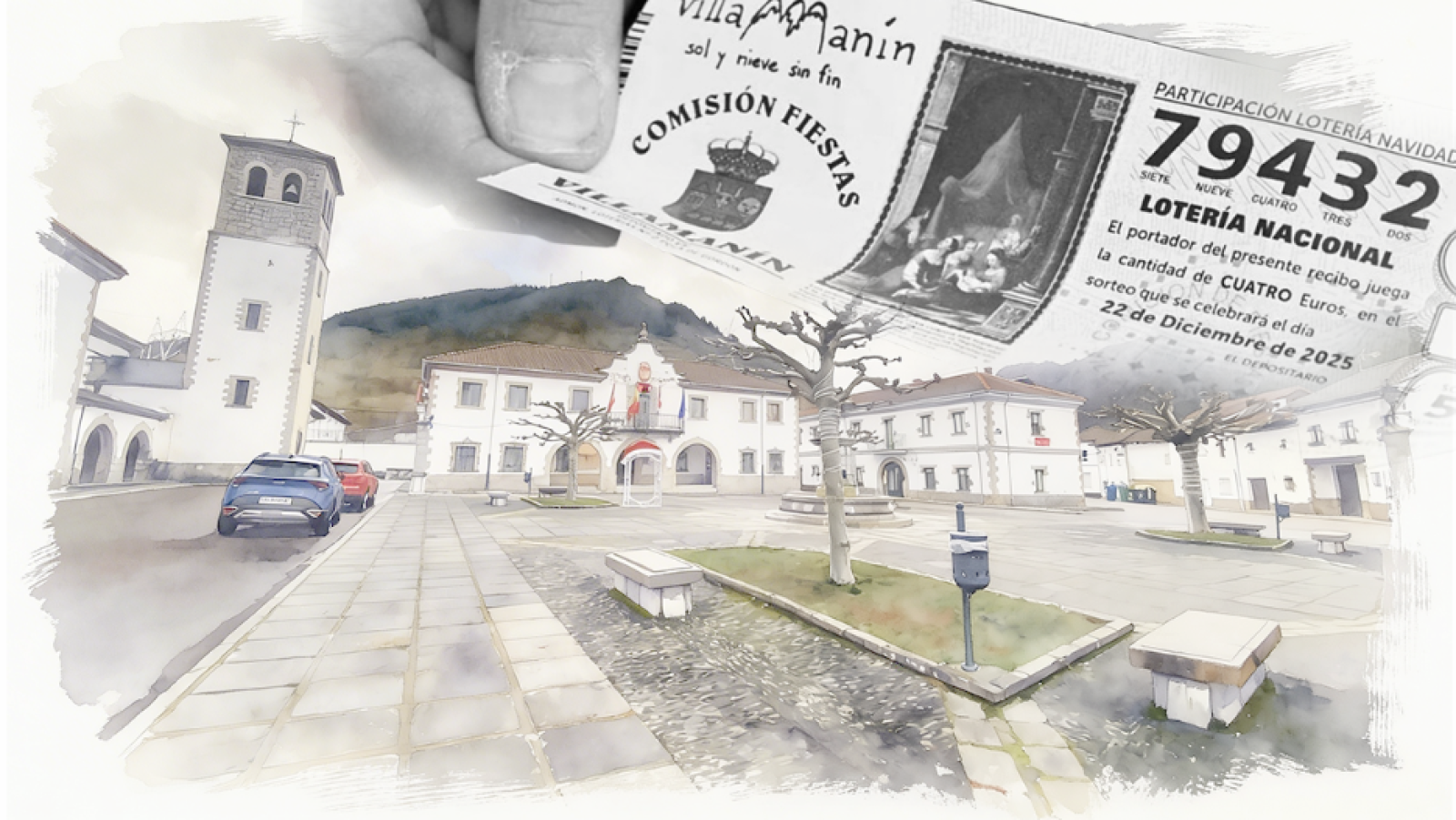 Ilustración del pueblo de Villamanín, en León, y del décimo premiado en la Lotería de Navidad de 2025