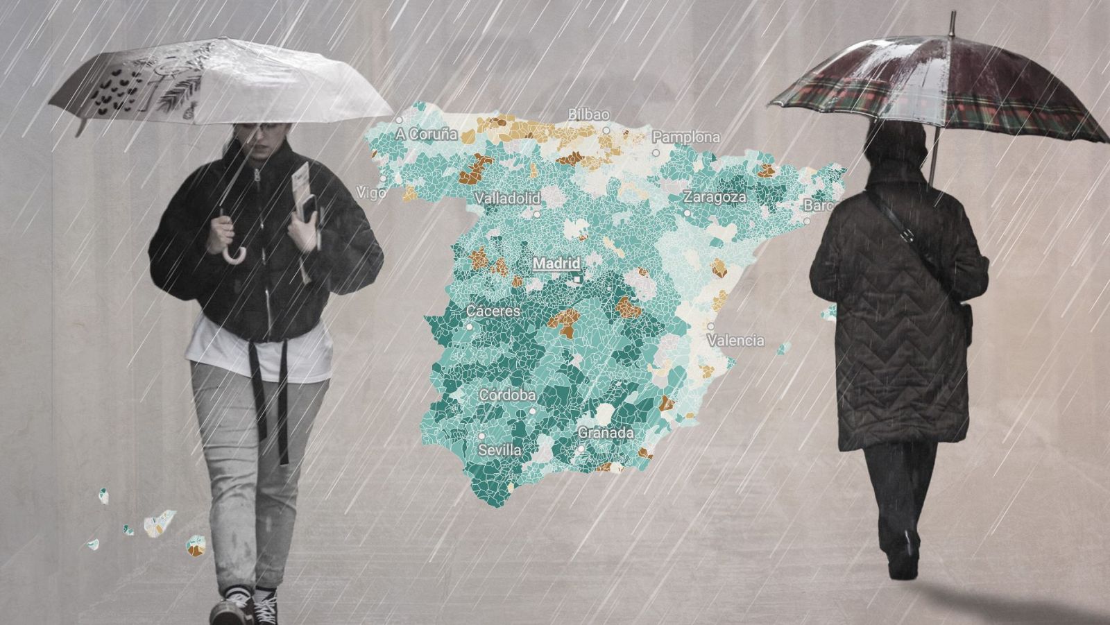 Un mapa  de España que muestra dónde ha llovido más o menos de lo normal desde el 1 de enero de 2026.